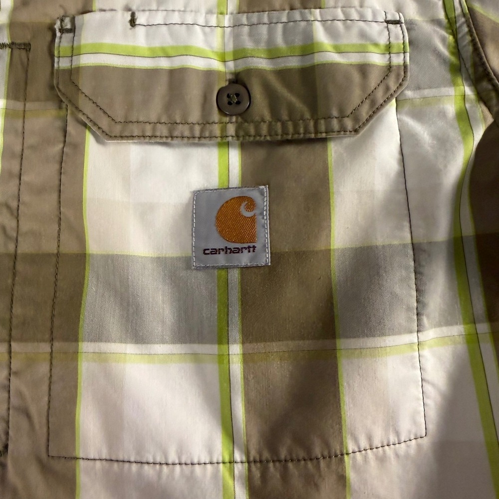 Carhartt Mens Force Relaxed Fit Plaid Short Sleeve Button Down Shirt Tan Green L - Picture 5 of 14